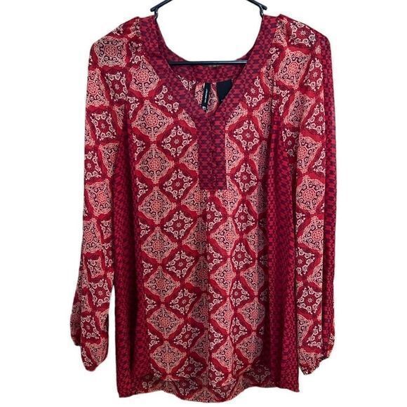 New Directions Printed Boho Blouse Top V-Neck Pullover 3/4 Sleeve Red Medium - Picture 1 of 4